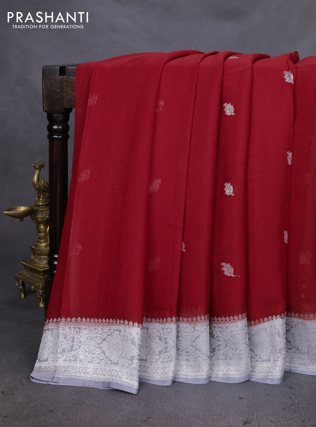 Banarasi chiffon silk saree red and grey with silver zari woven buttas and silver zari woven floral border