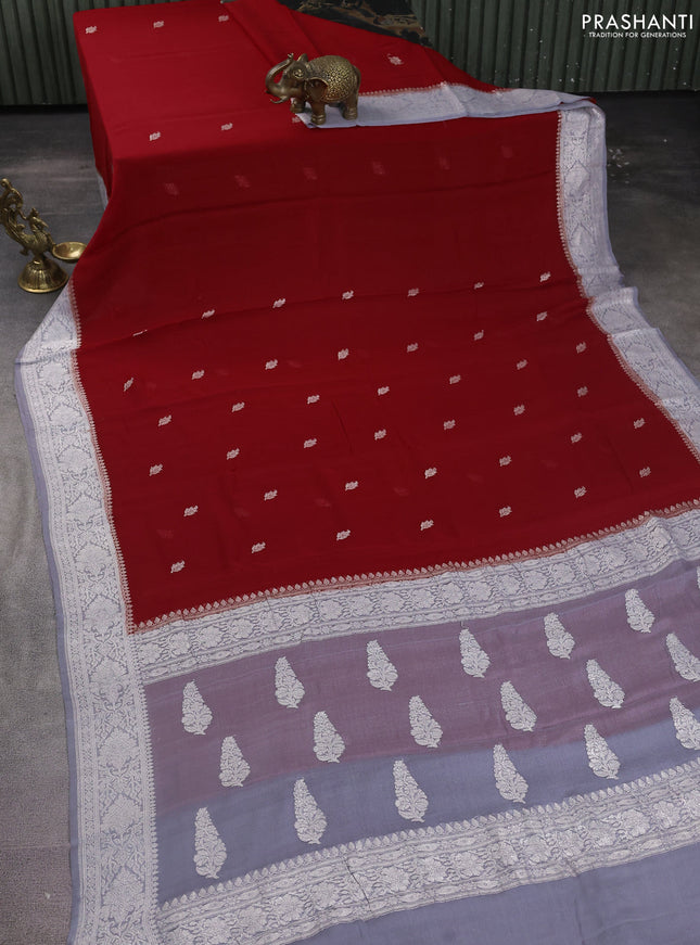 Banarasi chiffon silk saree red and grey with silver zari woven buttas and silver zari woven floral border