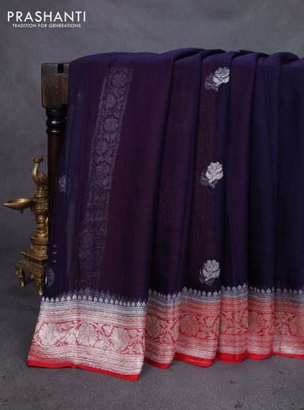 Banarasi chiffon silk saree navy blue and red with silver zari woven buttas and silver zari woven floral border