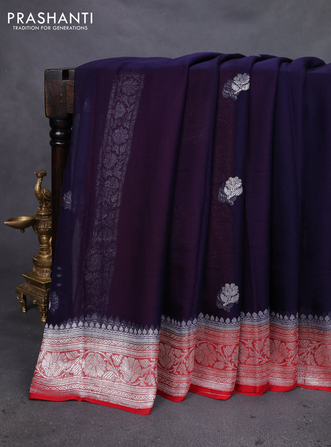 Banarasi chiffon silk saree navy blue and red with silver zari woven buttas and silver zari woven floral border