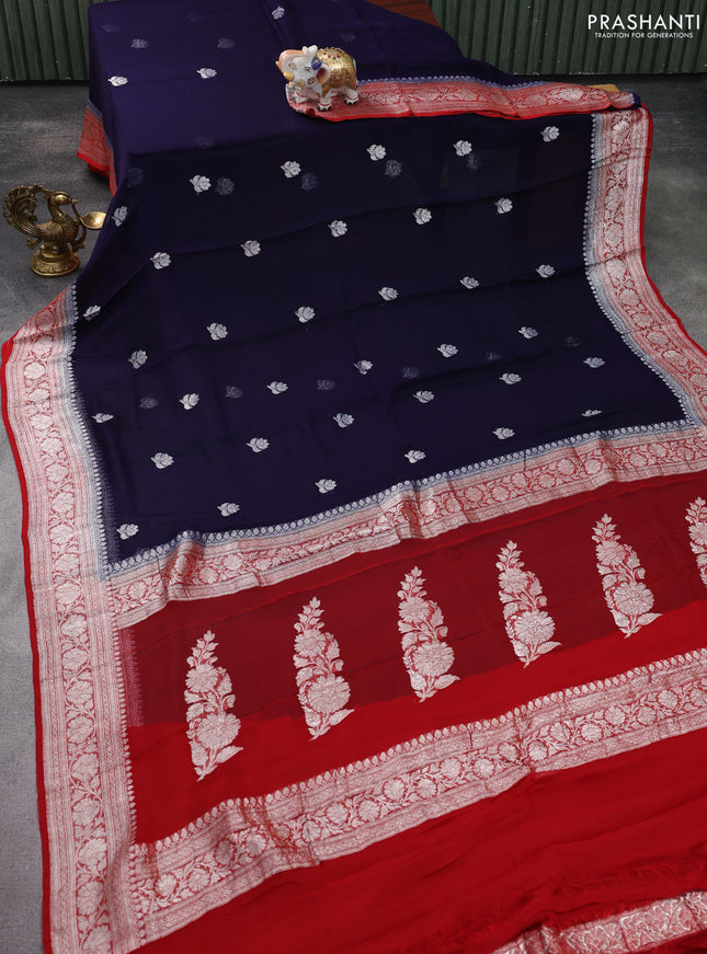 Banarasi chiffon silk saree navy blue and red with silver zari woven buttas and silver zari woven floral border
