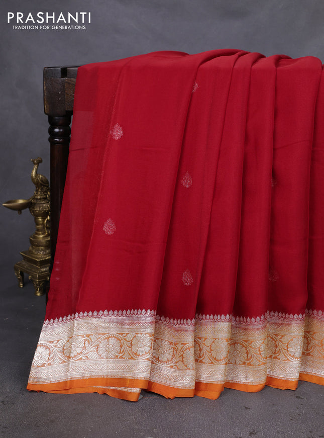 Banarasi chiffon silk saree red and orange with silver zari woven buttas and silver zari woven floral border