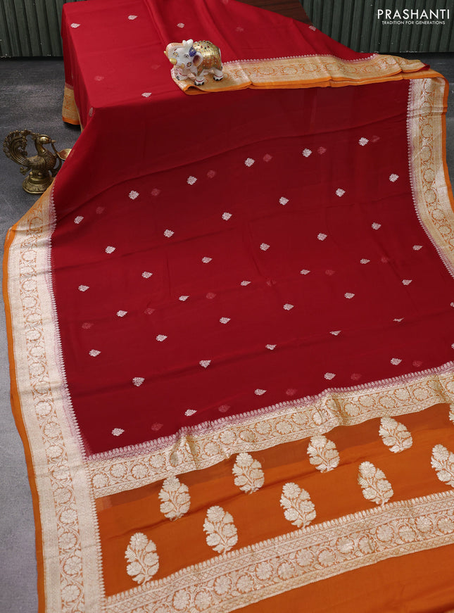 Banarasi chiffon silk saree red and orange with silver zari woven buttas and silver zari woven floral border