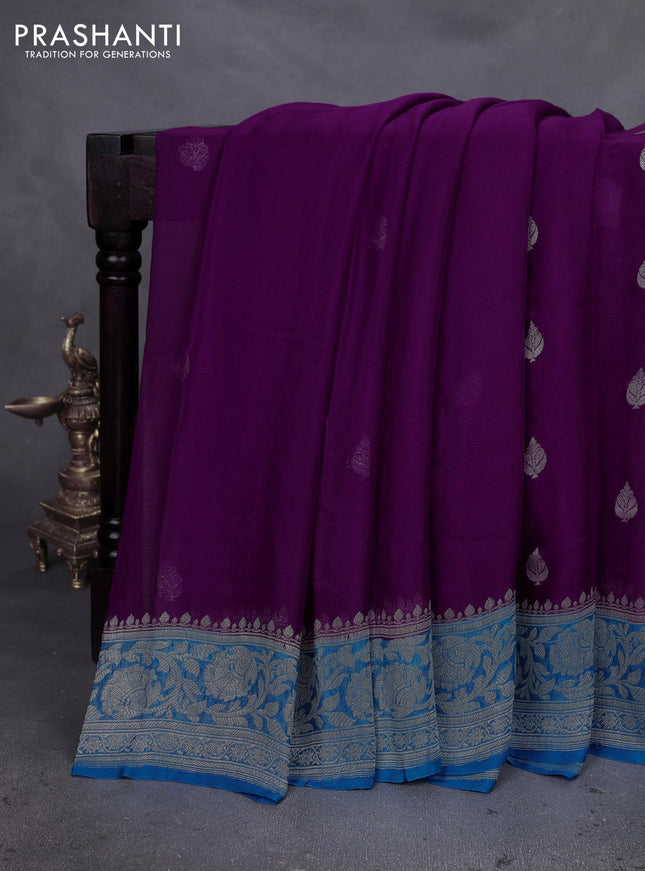 Banarasi chiffon silk saree purple and cs blue with silver zari woven buttas and silver zari woven floral border