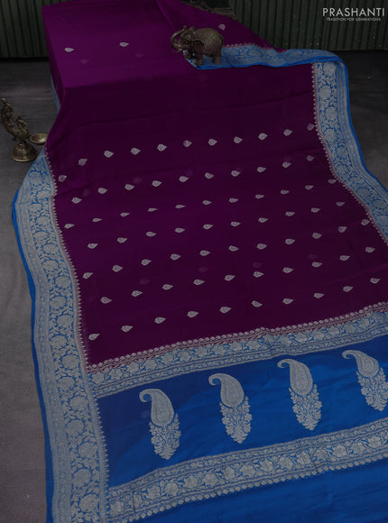 Banarasi chiffon silk saree purple and cs blue with silver zari woven buttas and silver zari woven floral border
