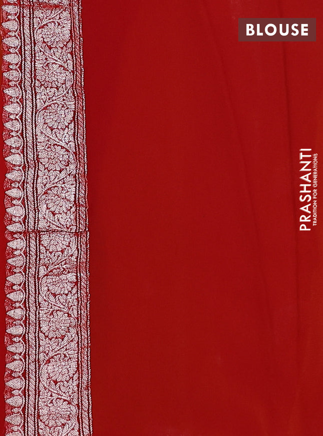 Banarasi chiffon silk saree yellow and red with silver zari woven buttas and silver zari woven floral border