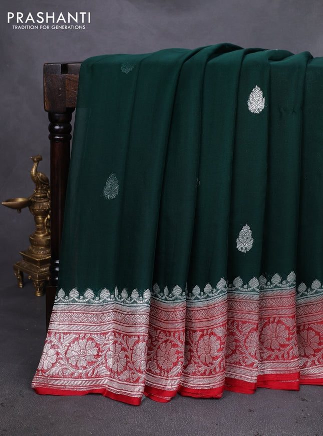 Banarasi chiffon silk saree bottle green and red with silver zari woven buttas and silver zari woven floral border