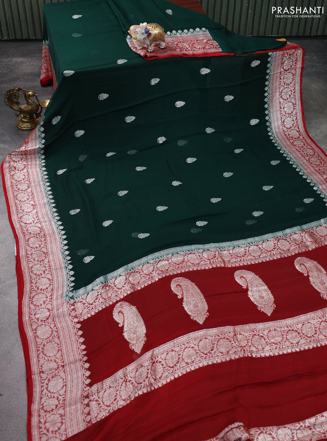 Banarasi chiffon silk saree bottle green and red with silver zari woven buttas and silver zari woven floral border