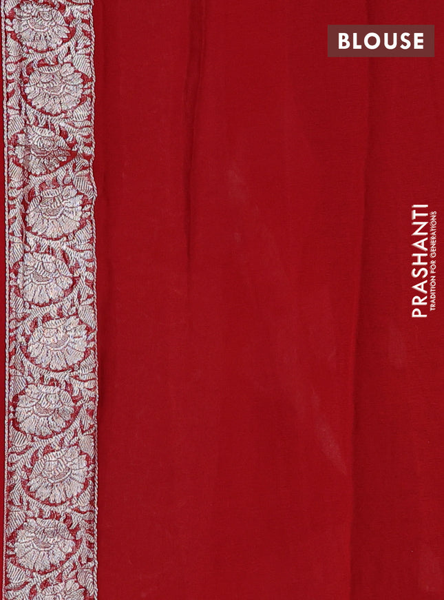 Banarasi chiffon silk saree bottle green and red with silver zari woven buttas and silver zari woven floral border