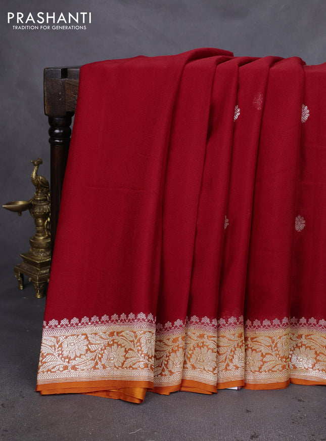 Banarasi chiffon silk saree red and orange with silver zari woven buttas and silver zari woven floral border