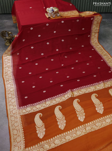 Banarasi chiffon silk saree red and orange with silver zari woven buttas and silver zari woven floral border