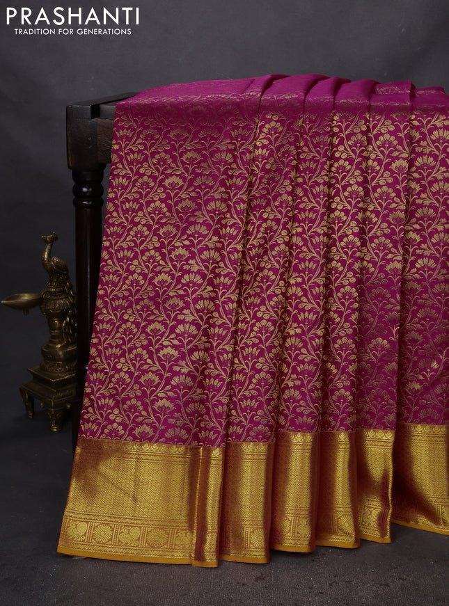 Pure kanchipuram silk saree pink and mustard yellow with allover zari woven brocade weaves and zari woven border