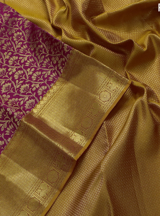 Pure kanchipuram silk saree pink and mustard yellow with allover zari woven brocade weaves and zari woven border