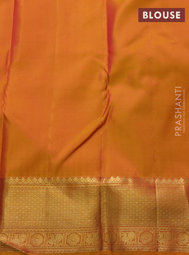 Pure kanchipuram silk saree pink and mustard yellow with allover zari woven brocade weaves and zari woven border