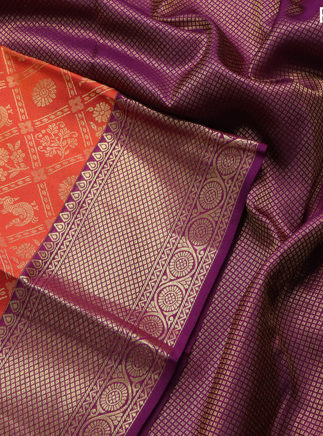 Pure kanchipuram silk saree orange and purple with allover zari woven brocade weaves and zari woven border