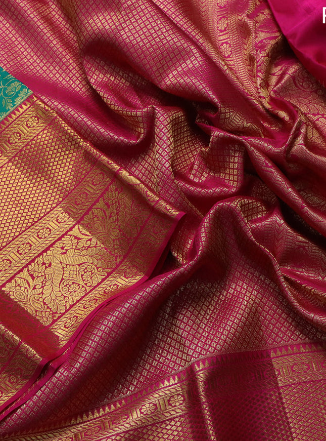 Pure kanchipuram silk saree teal green and pink with allover zari woven brocade weaves and zari woven border