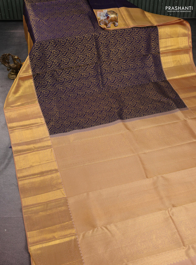 Pure kanchipuram silk saree navy blue and sandal with allover zari woven brocade weaves and zari woven border