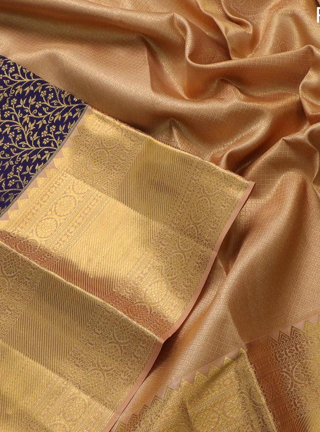 Pure kanchipuram silk saree navy blue and sandal with allover zari woven brocade weaves and zari woven border