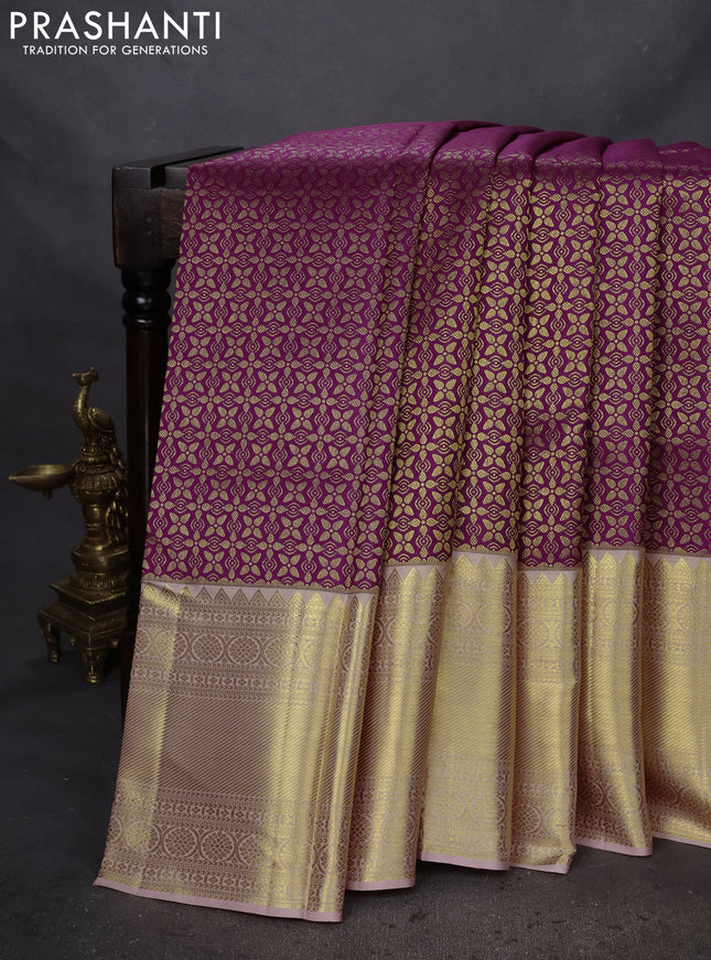 Pure kanchipuram silk saree purple and peach pink with allover zari woven brocade weaves and zari woven border