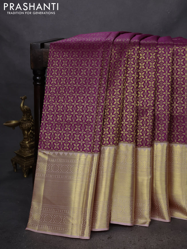 Pure kanchipuram silk saree purple and peach pink with allover zari woven brocade weaves and zari woven border