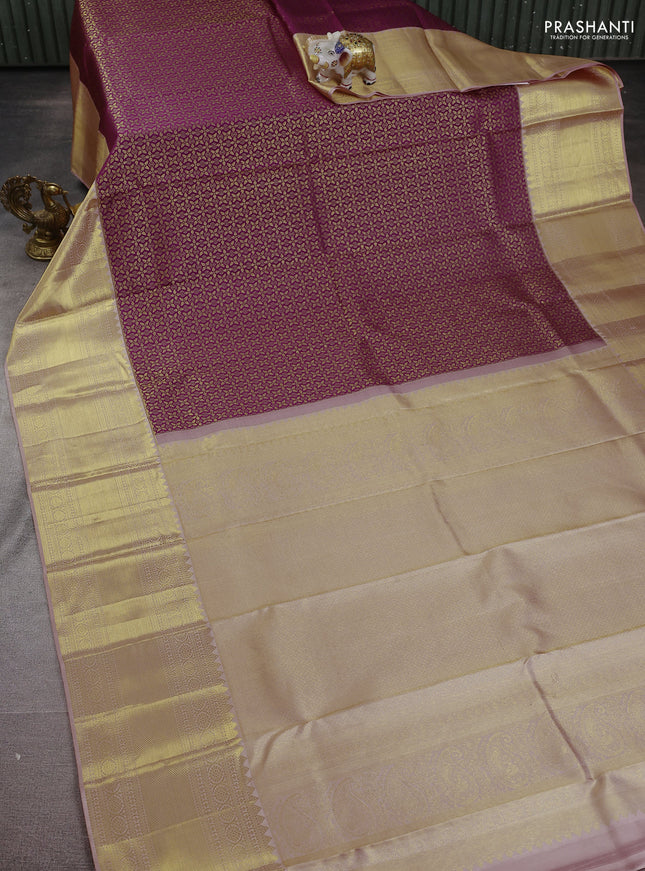Pure kanchipuram silk saree purple and peach pink with allover zari woven brocade weaves and zari woven border