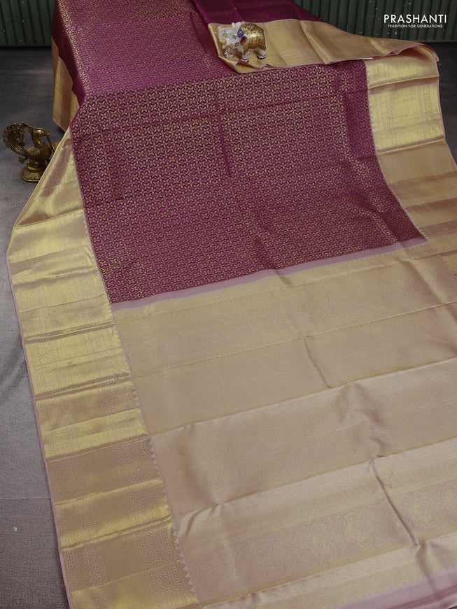 Pure kanchipuram silk saree purple and peach pink with allover zari woven brocade weaves and zari woven border