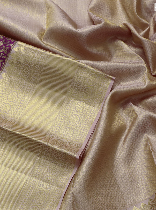 Pure kanchipuram silk saree purple and peach pink with allover zari woven brocade weaves and zari woven border