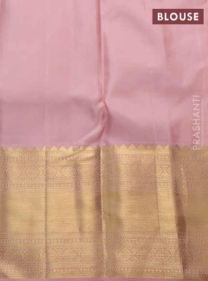 Pure kanchipuram silk saree purple and peach pink with allover zari woven brocade weaves and zari woven border