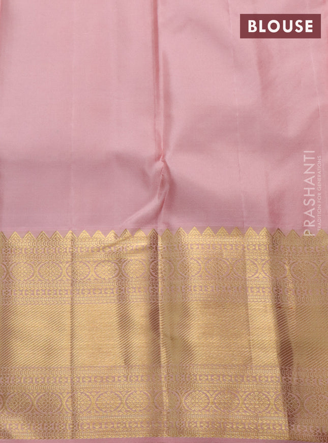 Pure kanchipuram silk saree purple and peach pink with allover zari woven brocade weaves and zari woven border