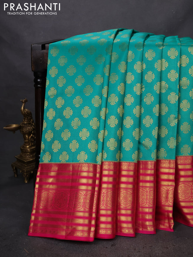 Pure kanchipuram silk saree teal green and pink with zari woven buttas and zari woven border