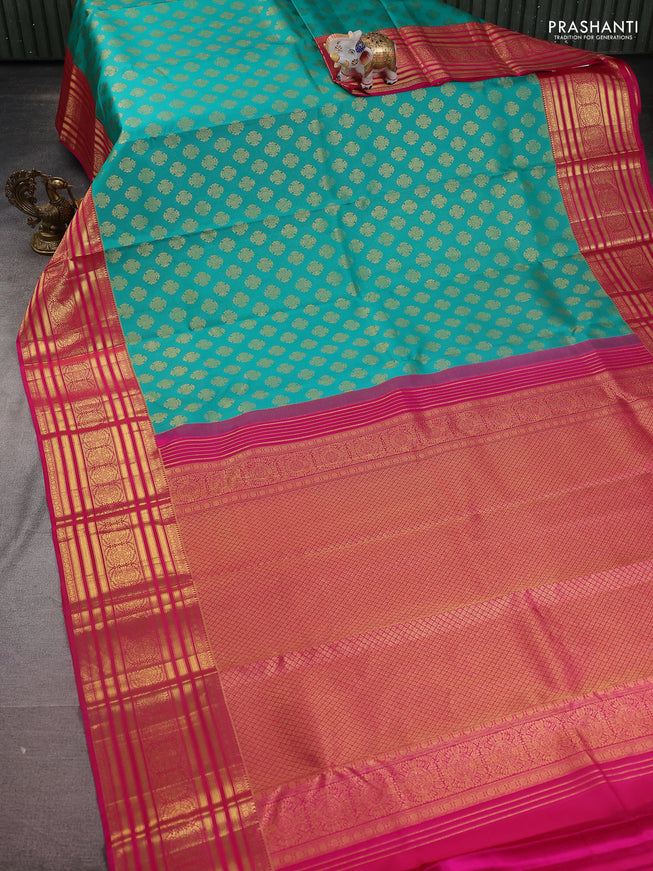 Pure kanchipuram silk saree teal green and pink with zari woven buttas and zari woven border