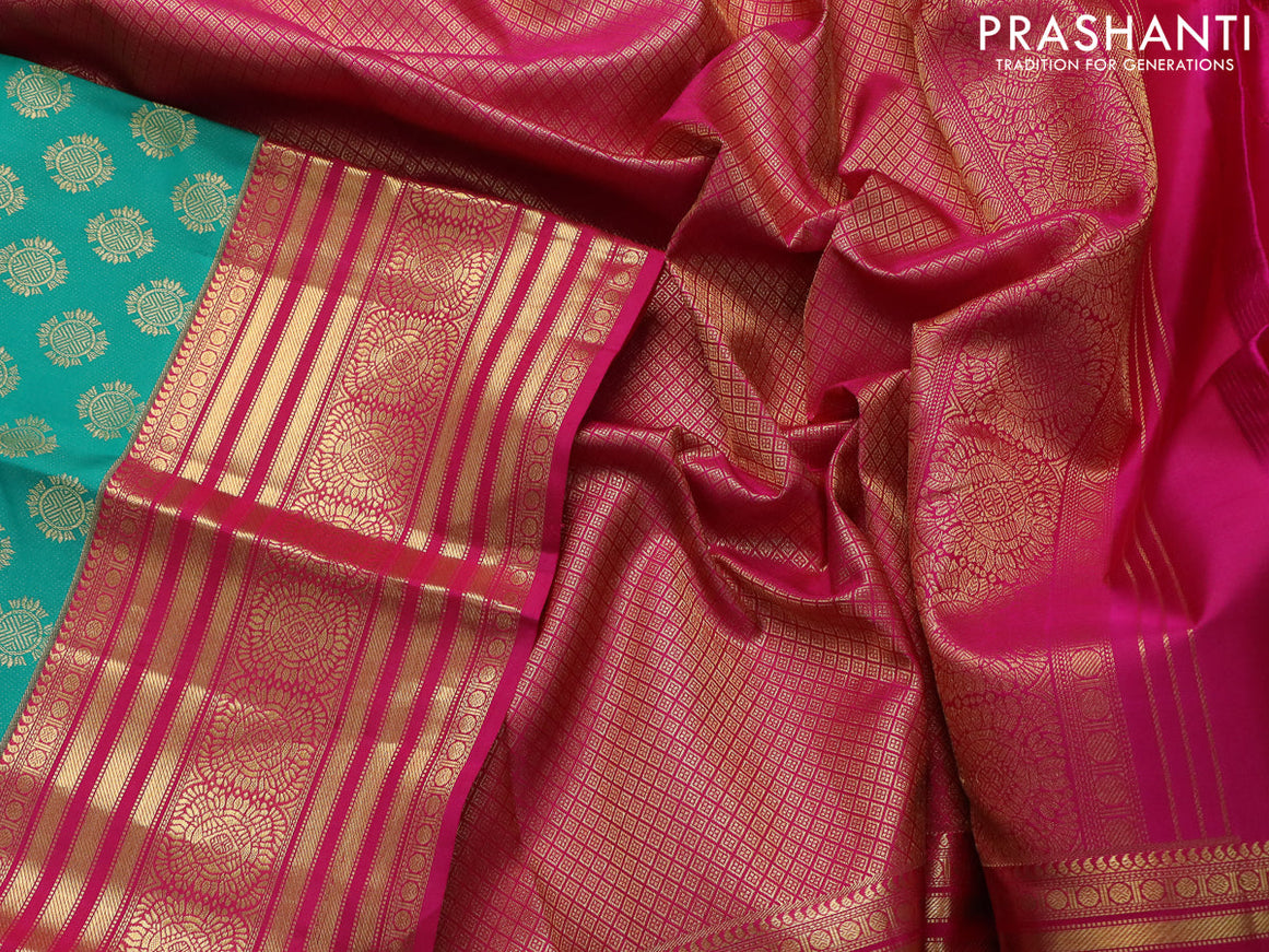Pure kanchipuram silk saree teal green and pink with zari woven buttas and zari woven border