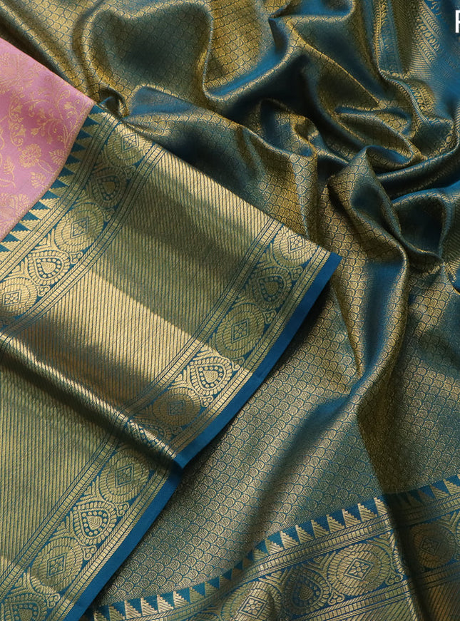 Pure kanchipuram silk saree pastel pink and cs blue with allover zari woven brocade weaves and zari woven border