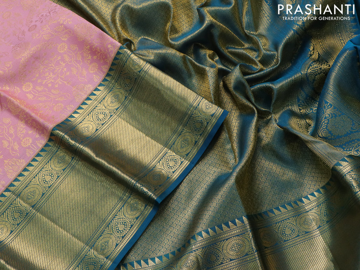 Pure kanchipuram silk saree pastel pink and cs blue with allover zari woven brocade weaves and zari woven border