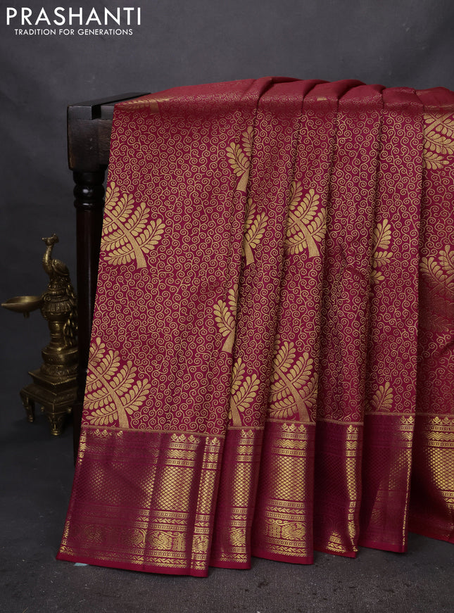 Pure kanchipuram silk saree maroon with allover zari woven brocade weaves and zari woven border