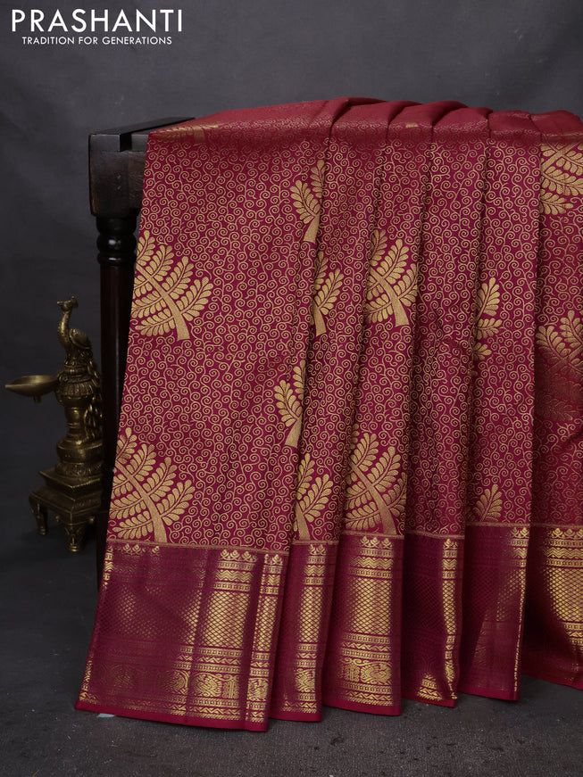 Pure kanchipuram silk saree maroon with allover zari woven brocade weaves and zari woven border