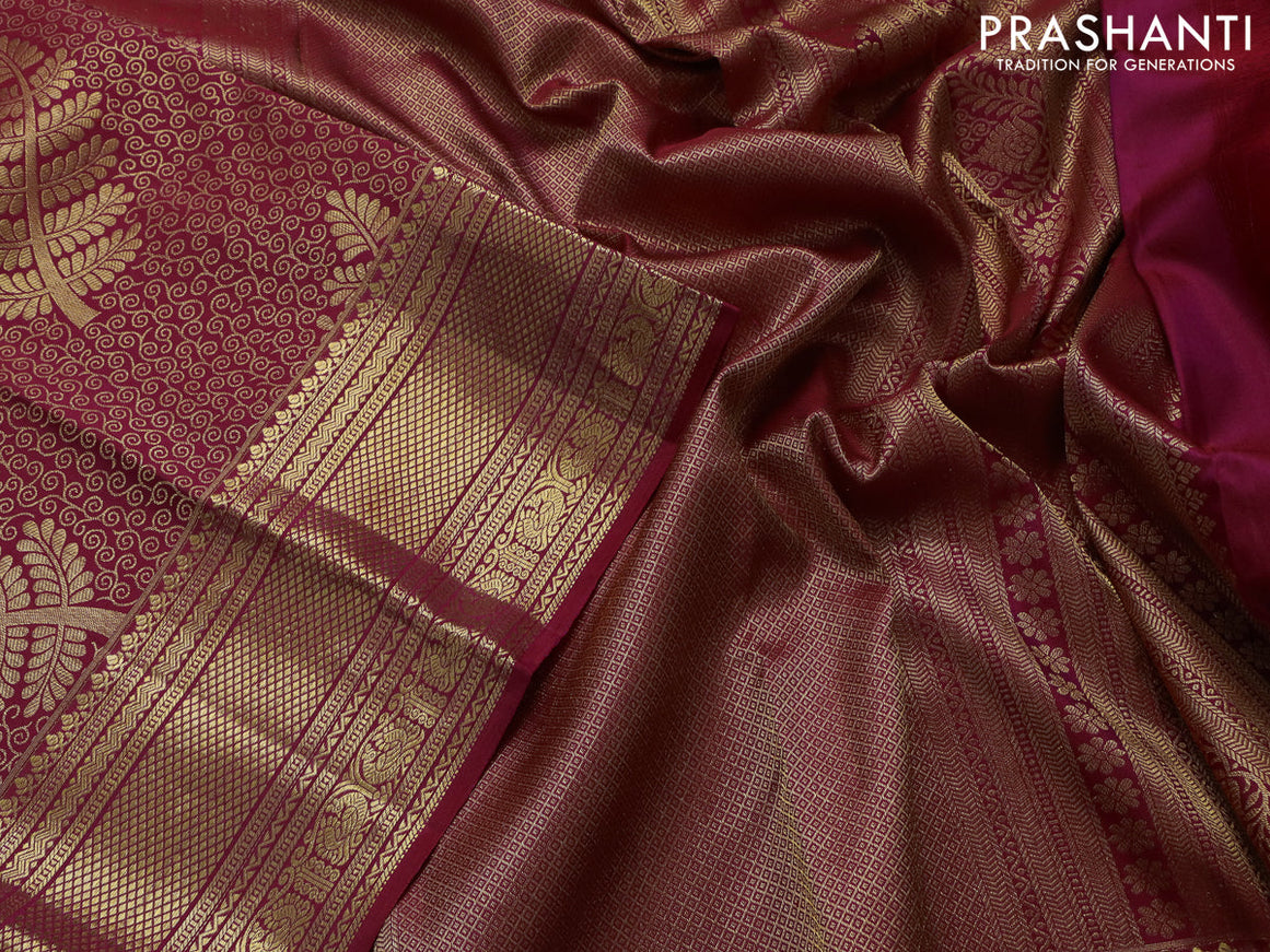Pure kanchipuram silk saree maroon with allover zari woven brocade weaves and zari woven border