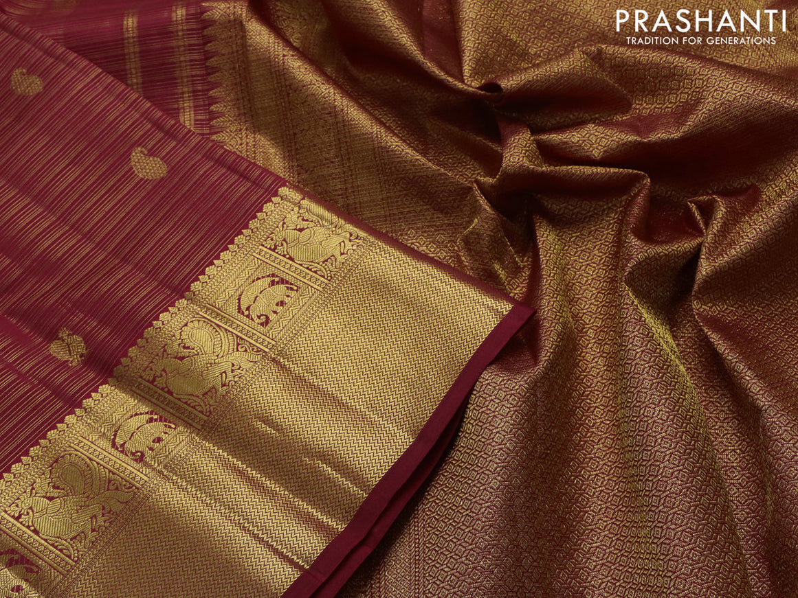 Pure kanchipuram silk saree maroon with allover zari weaves & buttas and zari woven border