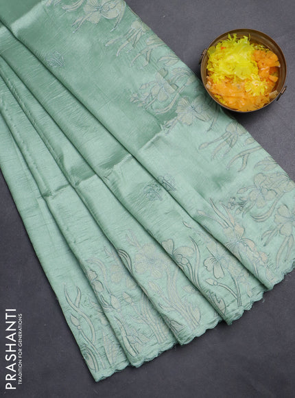 Semi tussar saree pastel green with floral embroidery work and applique work border