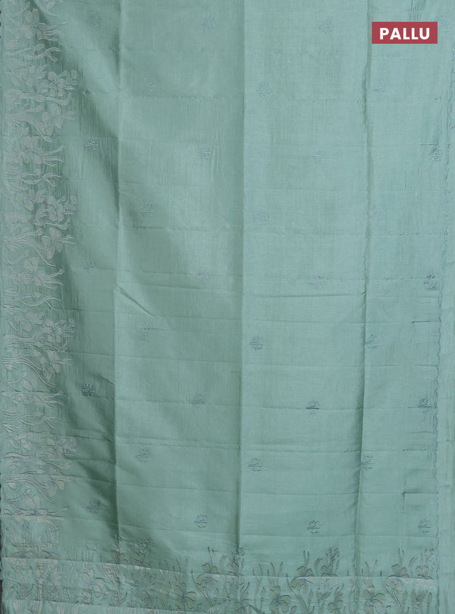 Semi tussar saree pastel green with floral embroidery work and applique work border