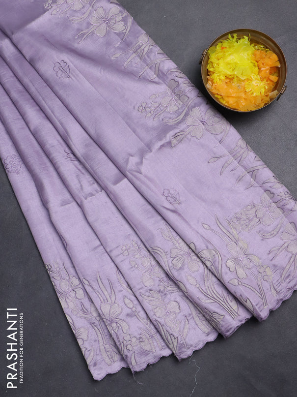 Semi tussar saree pastel lavender with floral embroidery work and applique work border