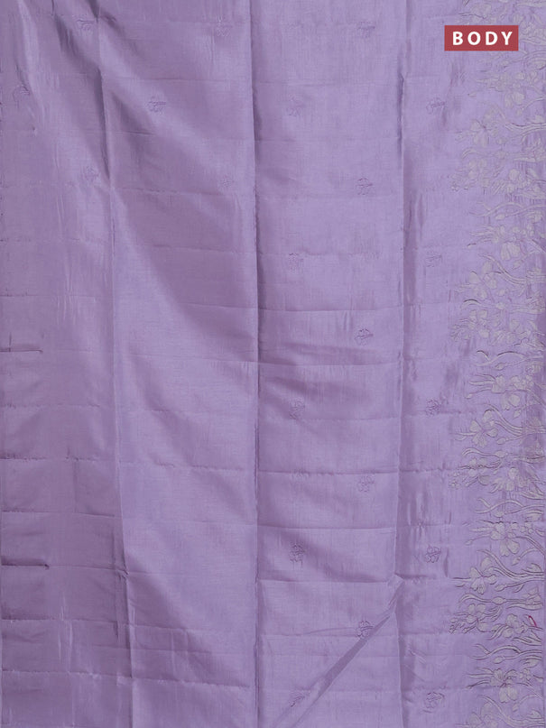 Semi tussar saree pastel lavender with floral embroidery work and applique work border