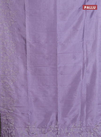 Semi tussar saree pastel lavender with floral embroidery work and applique work border