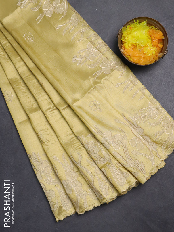 Semi tussar saree mustard shade with floral embroidery work and applique work border