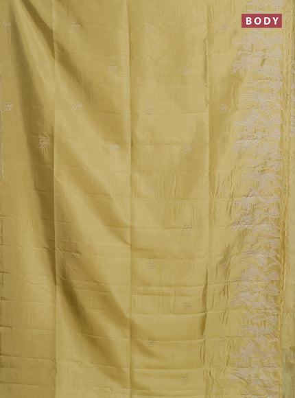Semi tussar saree mustard shade with floral embroidery work and applique work border