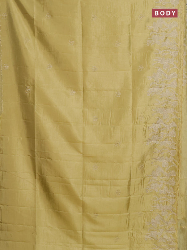 Semi tussar saree mustard shade with floral embroidery work and applique work border