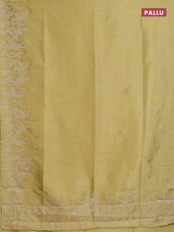 Semi tussar saree mustard shade with floral embroidery work and applique work border