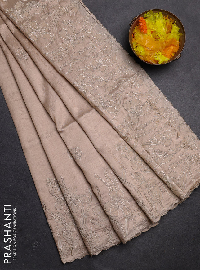 Semi tussar saree beige with floral embroidery work and applique work border