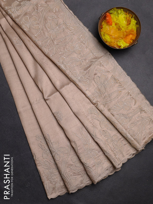 Semi tussar saree beige with floral embroidery work and applique work border