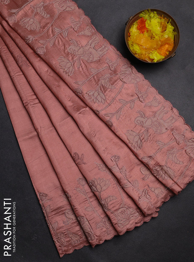 Semi tussar saree pastel peach with floral embroidery work and applique work border